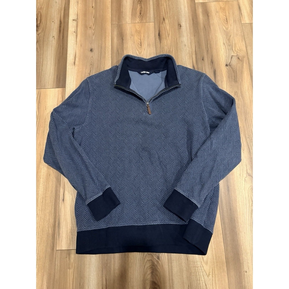Lands End Quarterzip Sweater Cotton Men's Large Blue Houndstooth Pullover